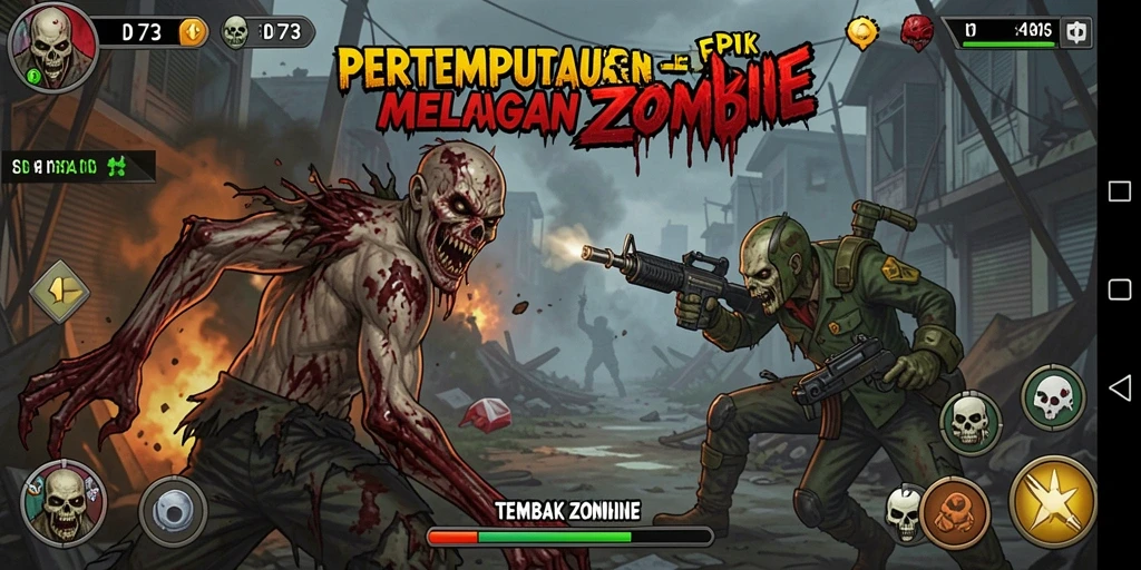 Antarmuka permainan D73 dengan senjata dan zombie yang terlihat jelas.